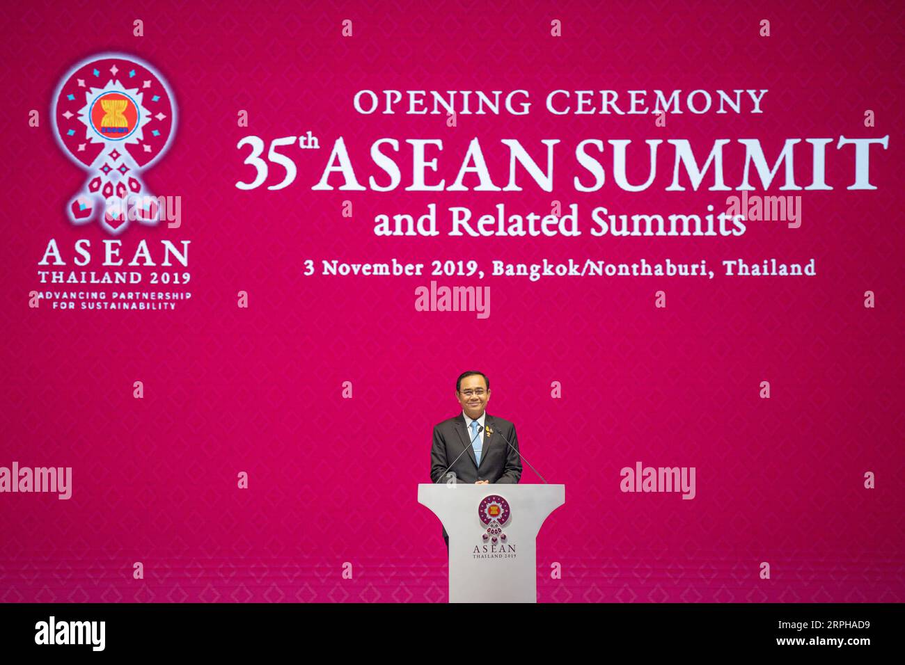 191103 -- BANGKOK, Nov. 3, 2019 -- Thai Prime Minister Prayut Chan-o-cha addresses the opening ceremony of the 35th summit of the Association of Southeast Asian Nations ASEAN and the related summits in Bangkok, Thailand, Nov. 3, 2019. The 35th ASEAN Summit and related summits kicked off here on Sunday with multilateralism and connectivity taking the center stage.  THAILAND-BANGKOK-ASEAN SUMMIT-OPENING CEREMONY ZhuxWei PUBLICATIONxNOTxINxCHN Stock Photo