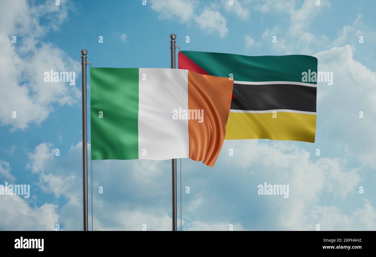 Namibia and Ireland flag waving together in the wind on blue sky, two ...