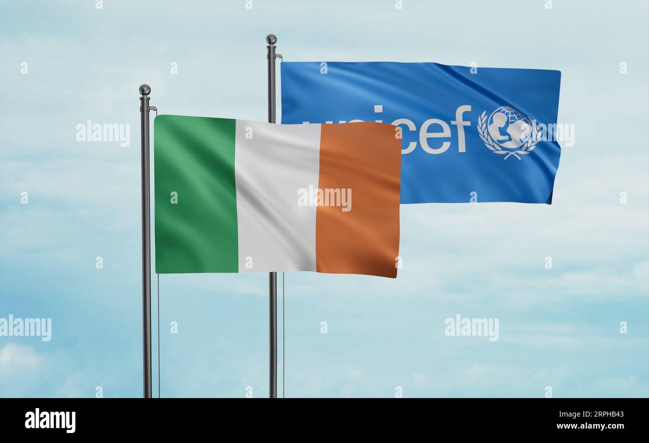 UNICEF and Ireland flag waving together in the wind on blue sky Stock Photo