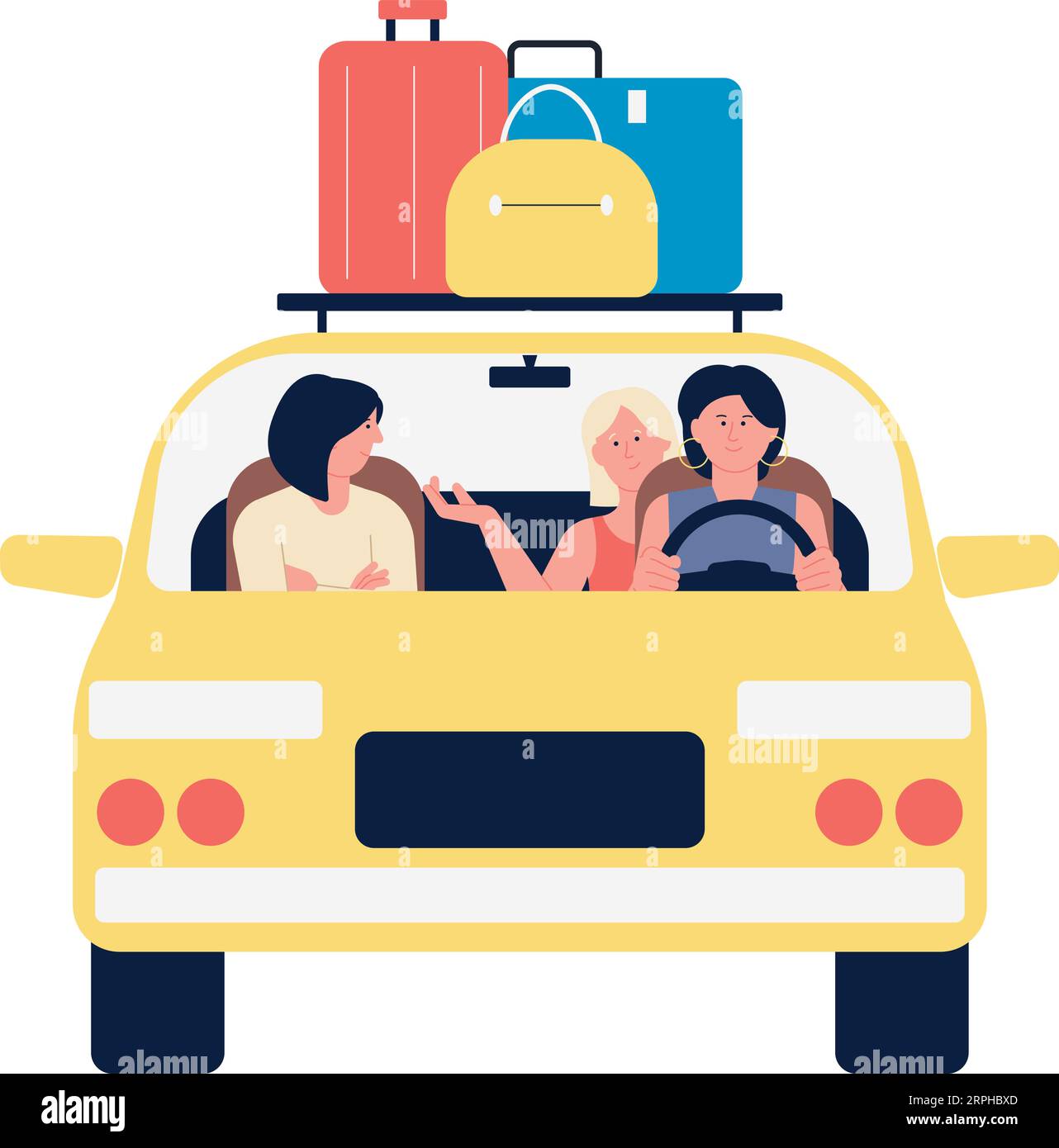 Women travel on car front view. Friends trip Stock Vector
