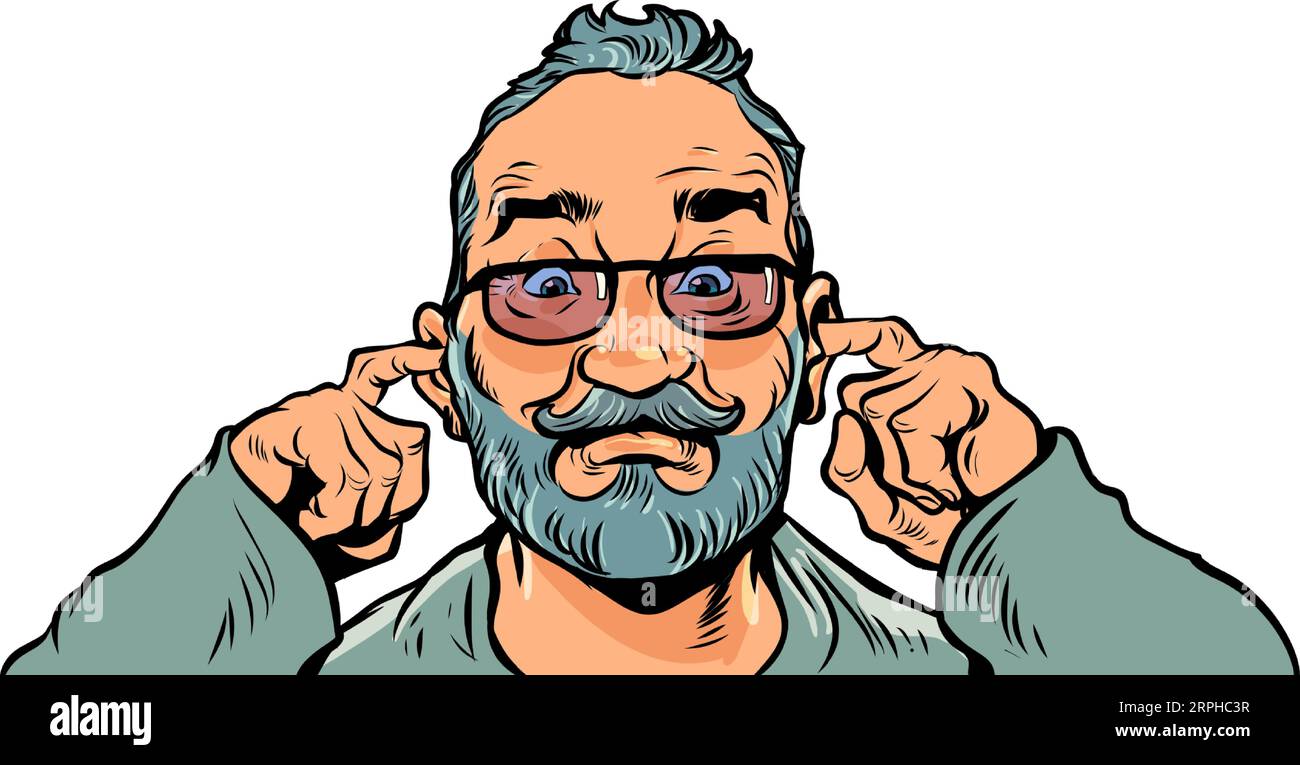 Creating silence for yourself alone. Don't listen to others. A man with a beard in glasses plugs his ears with his hands. Pop Art Retro Stock Vector