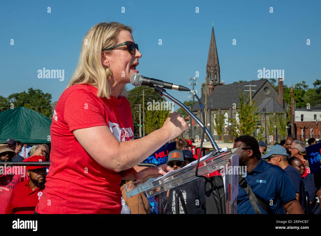Detroit, Michigan, USA. 4th Sep, 2023. Liz Shuler, president of the AFL-CIO, speaks at a rally following Detroit's Labor Day parade. Credit: Jim West/Alamy Live News Stock Photo