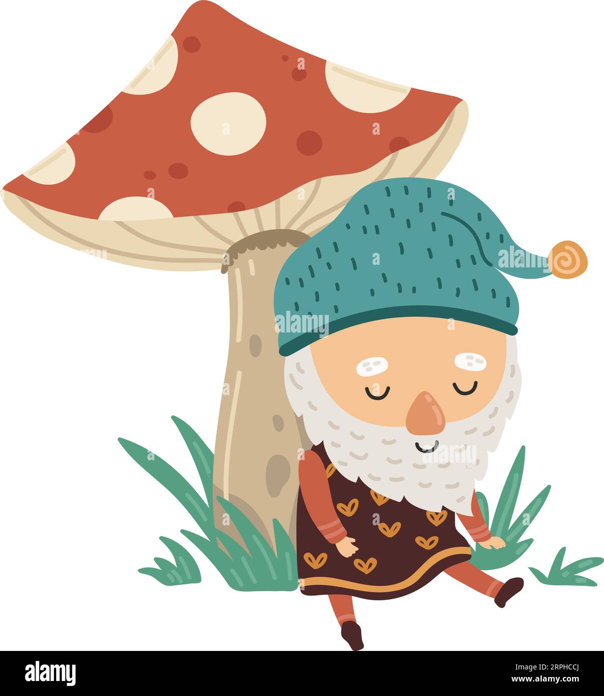 Forset gnome sit under mushroom. Garden elf character Stock Vector