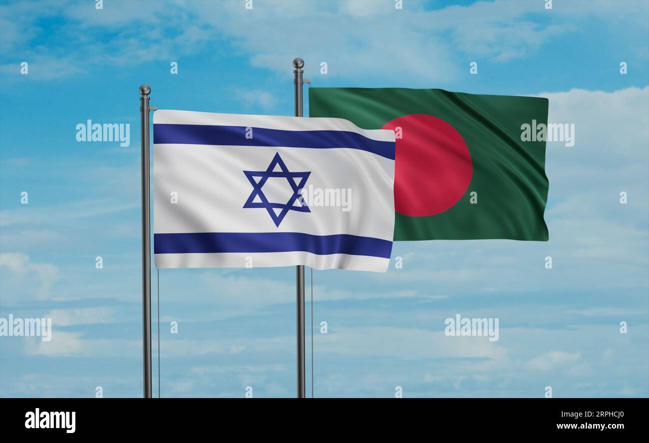 Bangladesh flag and Israel flag waving together on blue sky, two ...