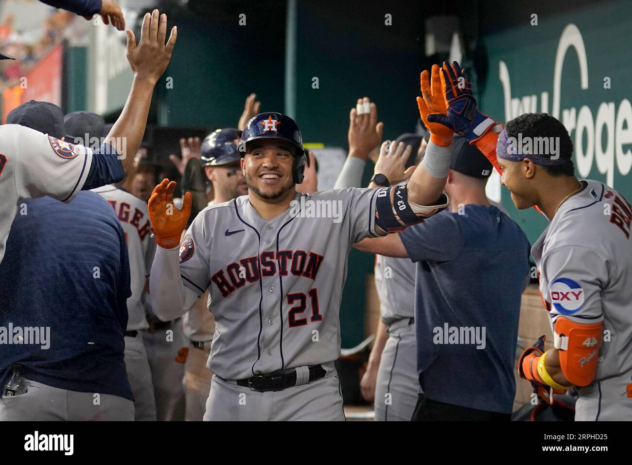 Mauricio Dubon of the Houston Astros is congratulated by Yainer