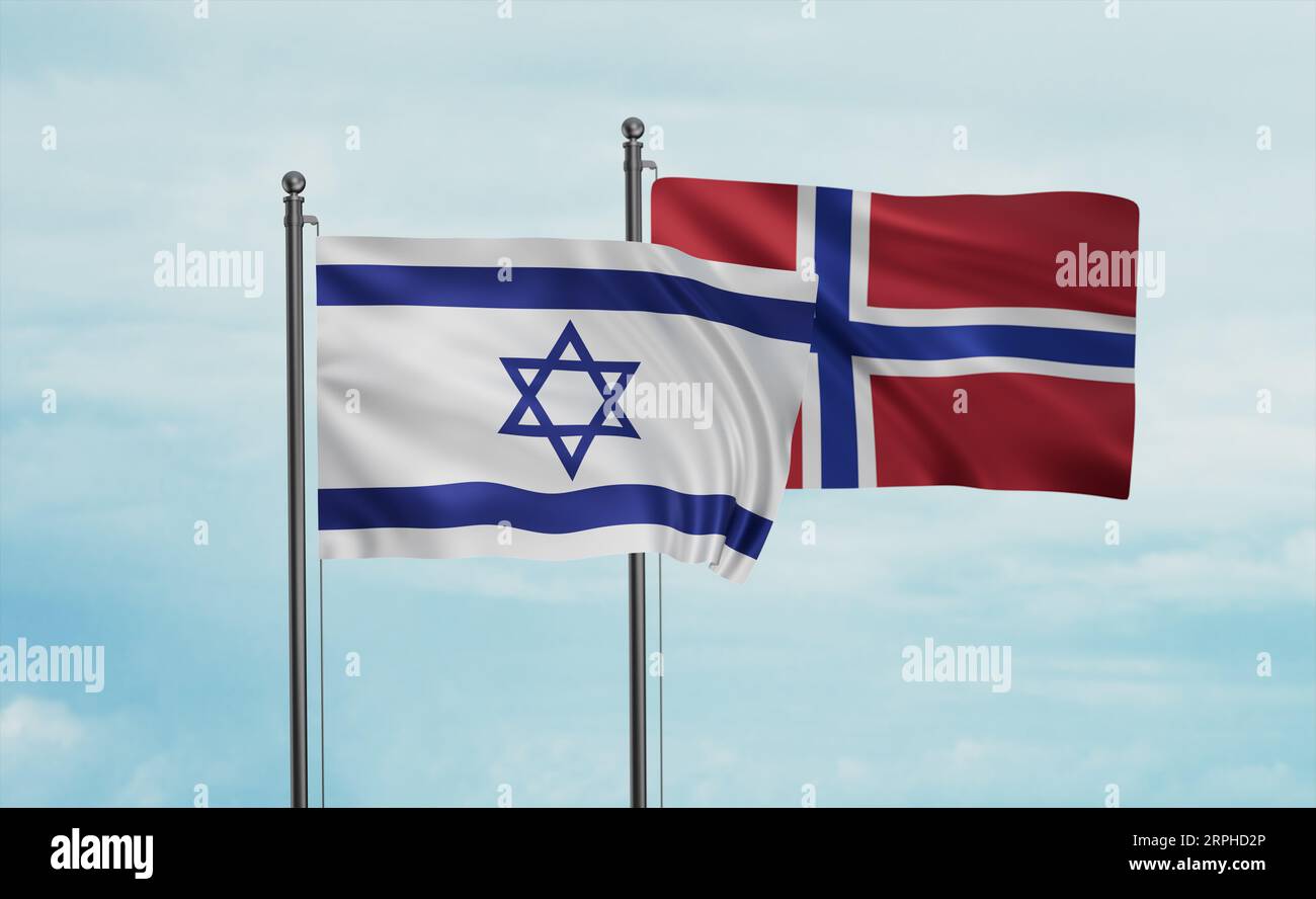 Norway flag and Israel flag waving together on blue sky, two country ...