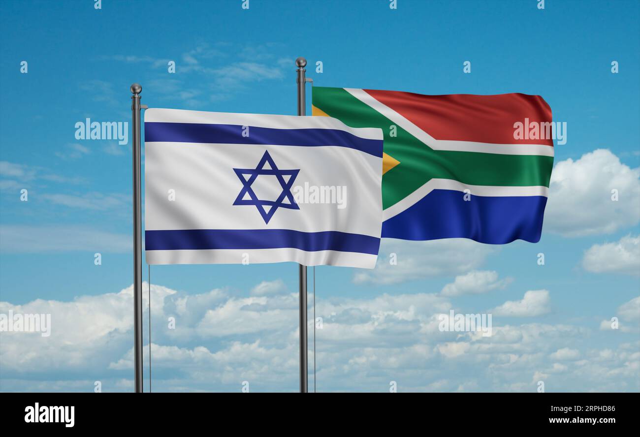 Republic of South Africa and Israel flag waving together in the wind on ...