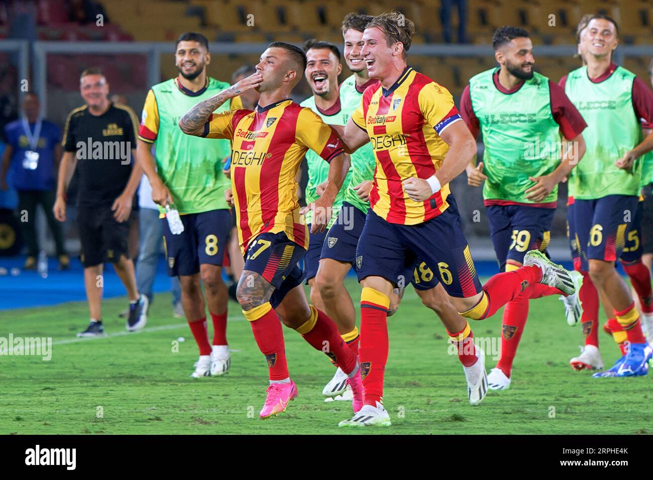 Lecce, Italy. 03rd Sep, 2023. Gabriel Strefezza (US Lecce) celebrates after  scoring a goal with teammates during US Lecce vs US Salernitana, Italian  soccer Serie A match in Lecce, Italy, September 03
