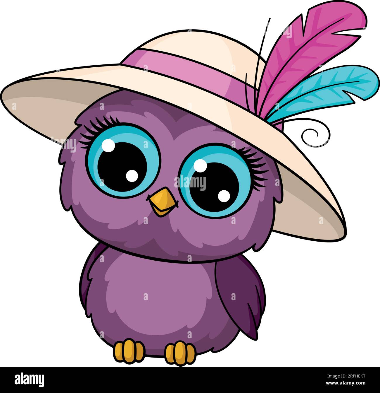 Cute owl in lady hat. Funny cartoon character Stock Vector