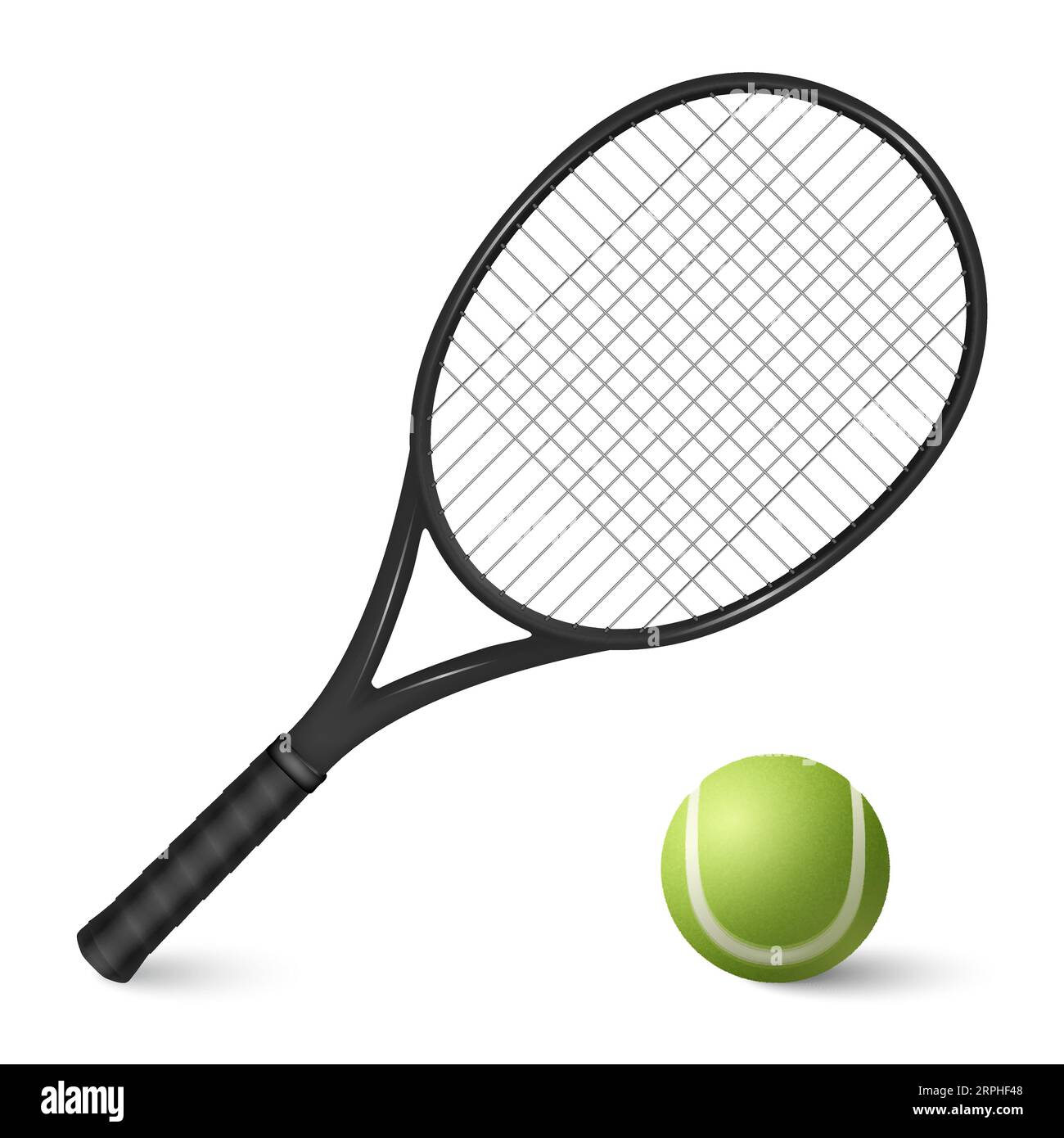 Vector 3d Realistic Tennis Ball and Tennis Racquet Closeup Isolated on