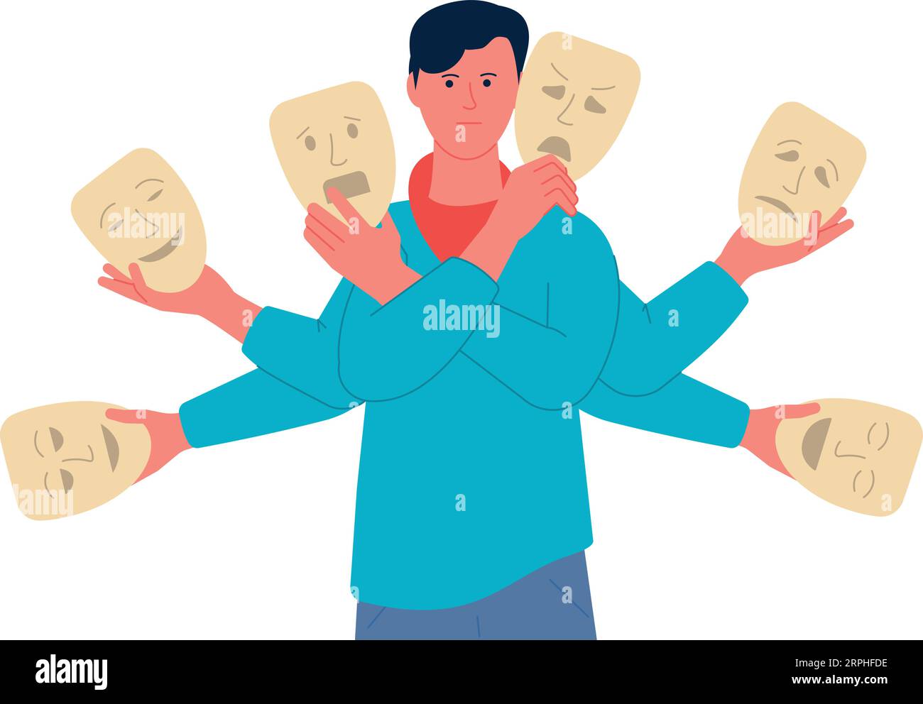 Man with emotion mask. Mood changes facial expressions Stock Vector