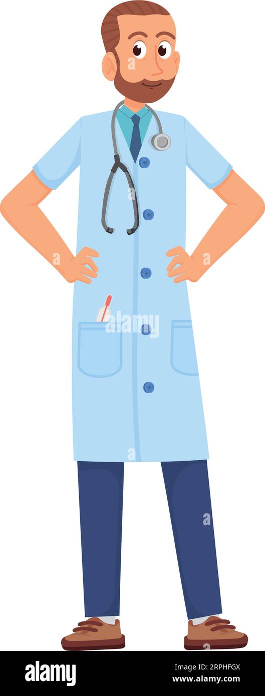 Friendly doctor with thermometer and stethoscope. Professional character Stock Vector