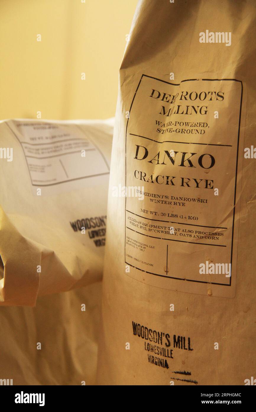 Bags of organic Danko Crack Rye flour Stock Photo