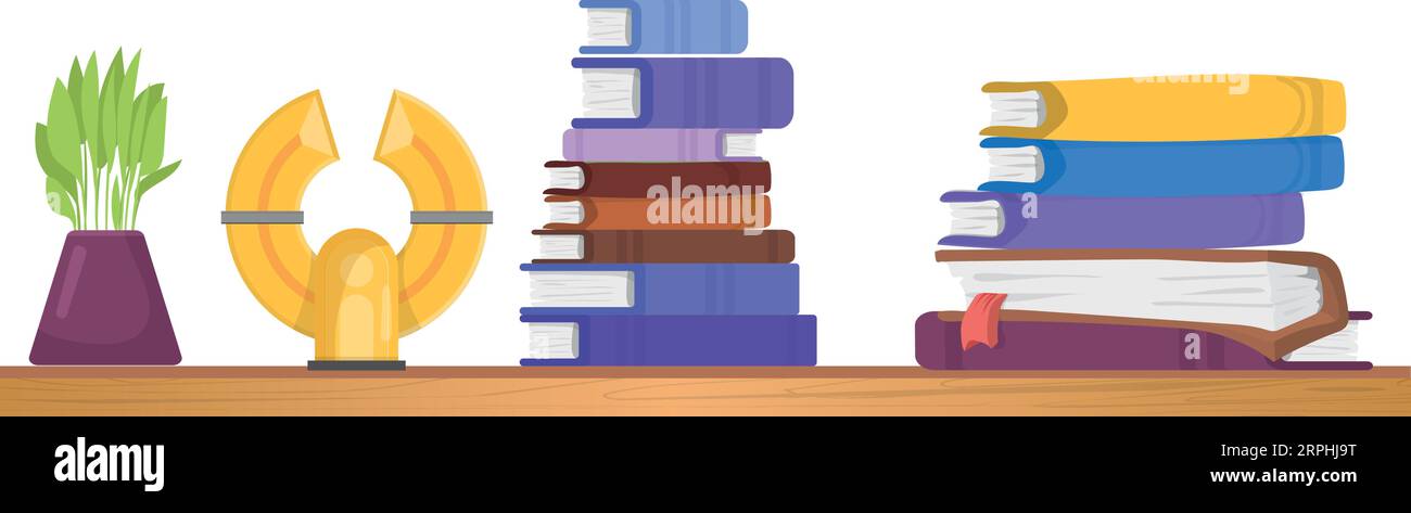 Wooden shelf with books and award. Home wall decoration Stock Vector