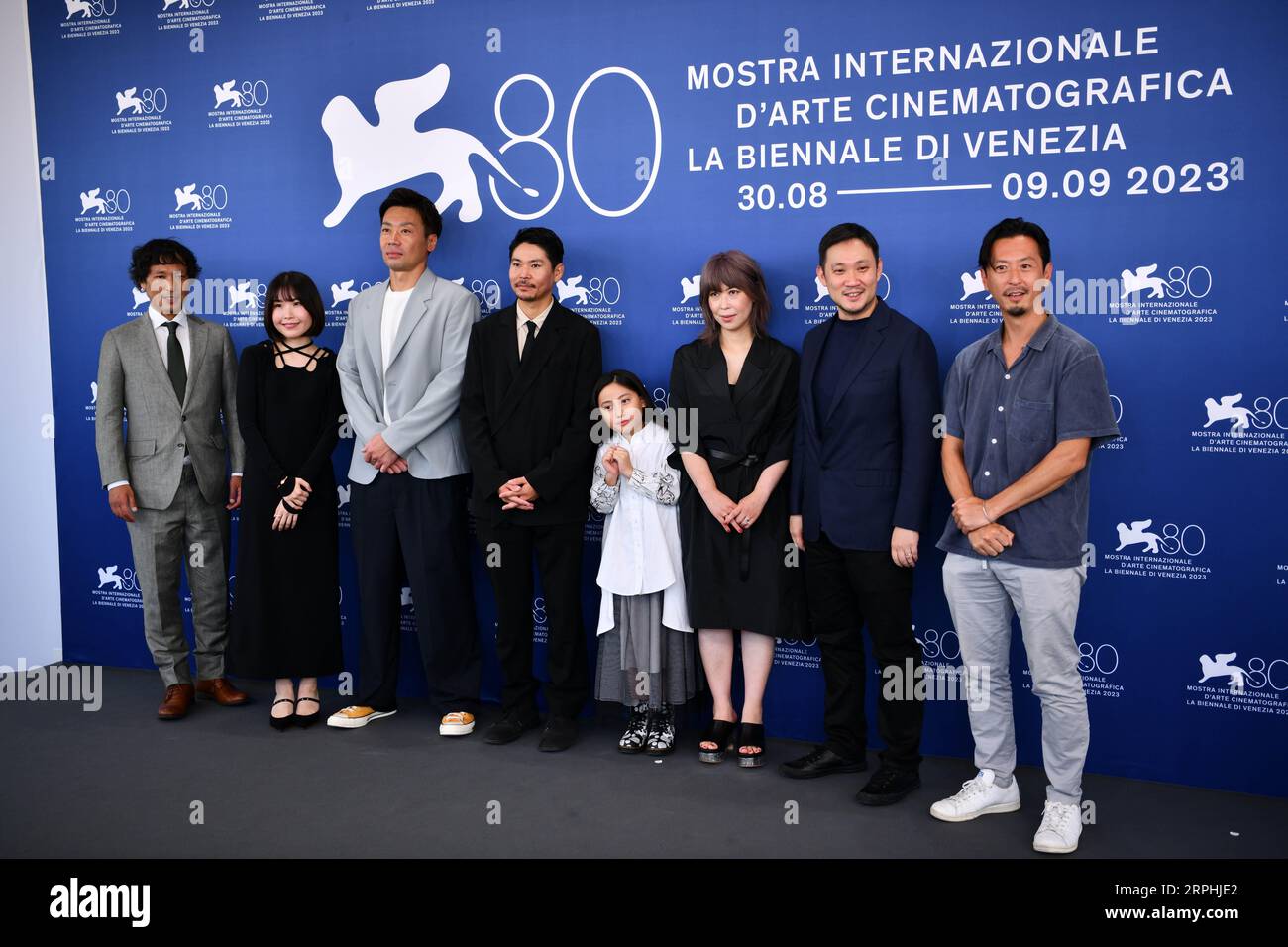 Venice, Italy. 4th Sep, 2023. Director Ryusuke Hamaguchi (2nd R) and his crew members attend a photocall for the film 'Evil Does Not Exist' during the 80th Venice International Film Festival in Venice, Italy, on Sept. 4, 2023. Credit: Jin Mamengni/Xinhua/Alamy Live News Stock Photo