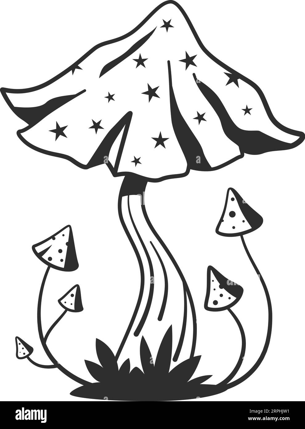 Magic mushroom ink drawing. Night witchcraft symbol Stock Vector
