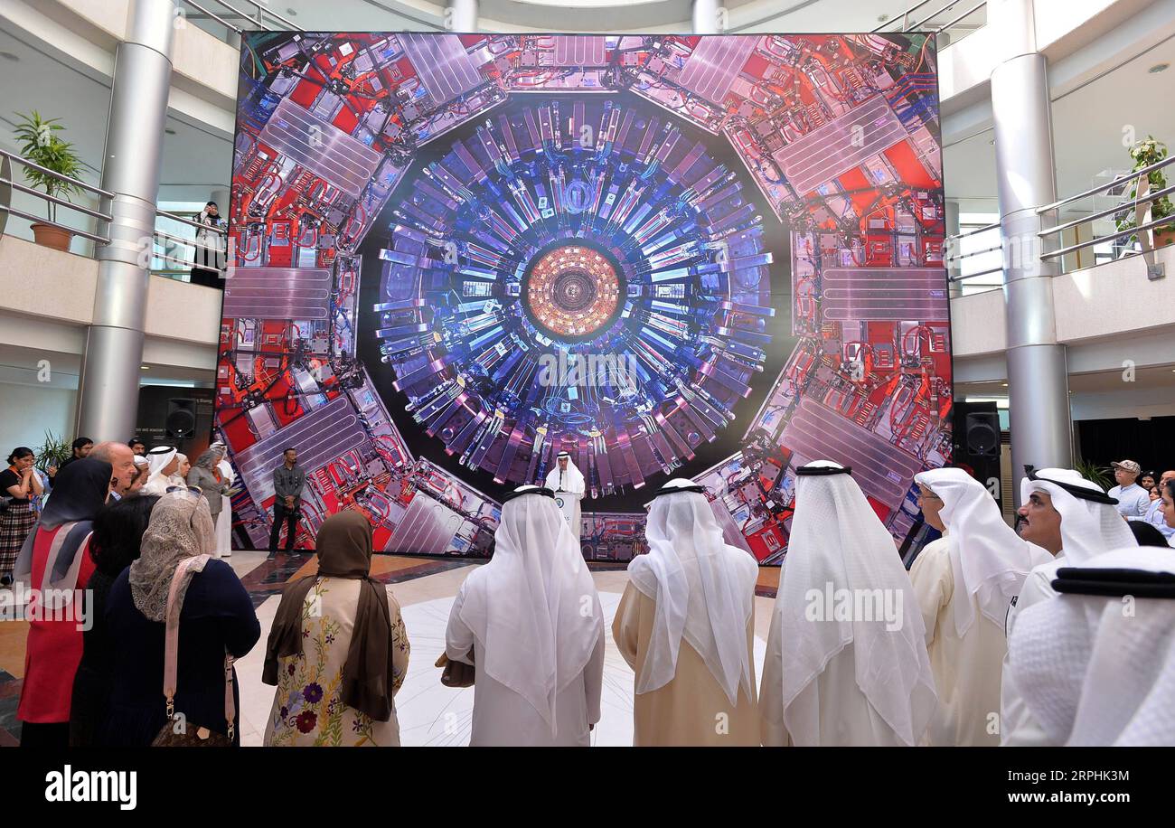 191111 -- KUWAIT CITY, Nov. 11, 2019 -- People visit a science exhibition on activities of European Organization for Nuclear Research CERN in Kuwait City, Kuwait, Nov. 11, 2019. Kuwait launched a science exhibition on Monday to introduce activities of CERN. The exhibition is organized in coordination with Kuwait University and CERN and aims at telling visitors about CERN s activities. CERN, founded in 1954 in Geneva, is a European research organization that operates the largest particle physics laboratory in the world. Photo by Asad/Xinhua KUWAIT-KUWAIT CITY-CERN EXHIBITION NiexYunpeng PUBLICA Stock Photo