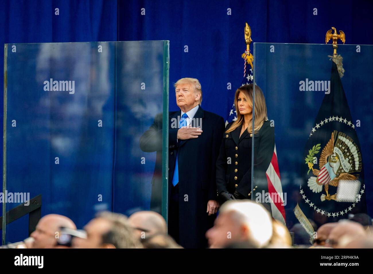 191111 -- NEW YORK, Nov. 11, 2019 -- U.S. President Donald Trump pays tribute during the opening ceremony of the Veterans Day Parade at the Madison Square Park in New York, the United States, on Nov. 11, 2019. U.S. President Donald Trump paid tribute to American veterans in New York on Monday, kicking off the city s 100th Veterans Day Parade.  U.S.-NEW YORK-DONALD TRUMP-VETERANS DAY WangxYing PUBLICATIONxNOTxINxCHN Stock Photo