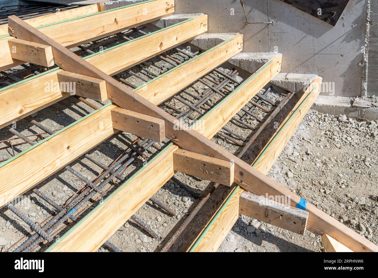 Wooden formwork with metal reinforcement prepared for pouring concrete