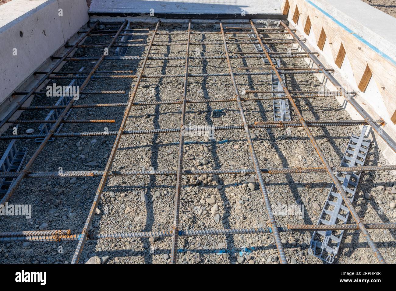 Metal reinforcement prepared for pouring concrete for concrete stairs. Close up. Stock Photo