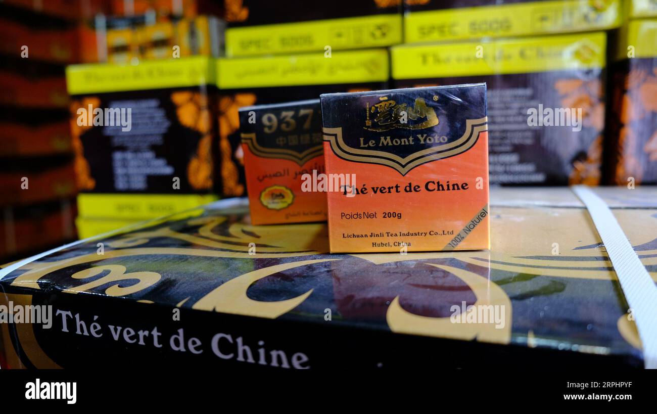 191116 -- MOHAMMEDIA, Nov. 16, 2019 -- Photo taken on Nov. 7, 2019 shows the products of Chinese tea brand Le Mont Yoto sold at a Moroccan market in Mohammedia, Morocco. TO GO WITH Feature: Chinese tea brand strives to explore Moroccan market  MOROCCO-CHINA-TEA-MOROCCAN MARKET ChenxBinjie PUBLICATIONxNOTxINxCHN Stock Photo