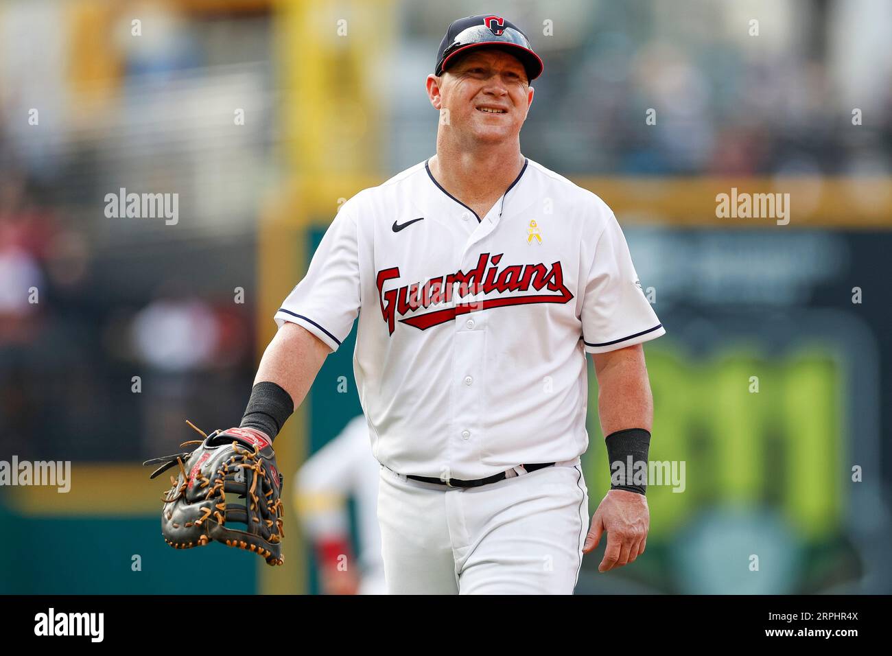 Cleveland Guardians first basemen Kole Calhoun (56) looks on during a MLB  regular season game between the Tampa Bay Rays and Cleveland Guardians,  Sund Stock Photo - Alamy