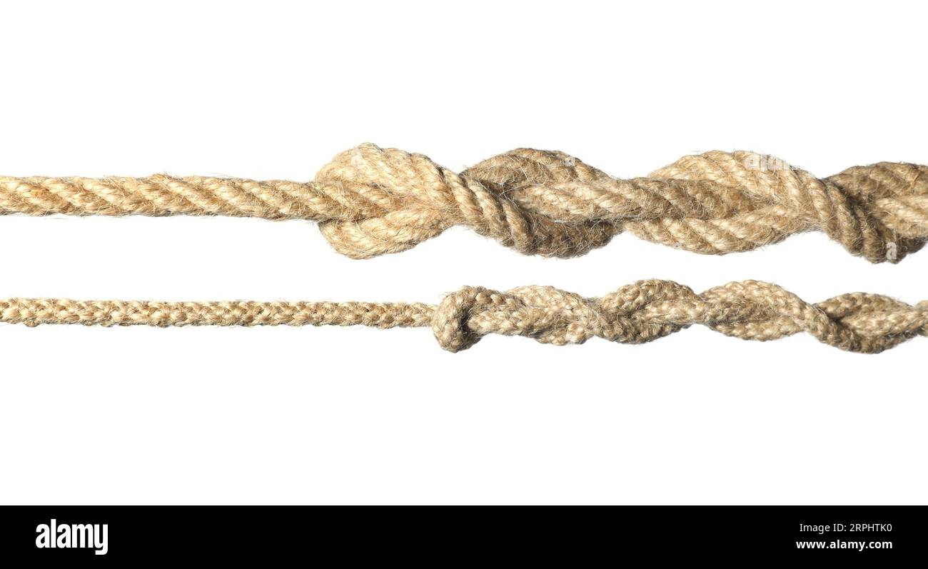 Two hemp ropes with knots isolated on white Stock Photo Alamy