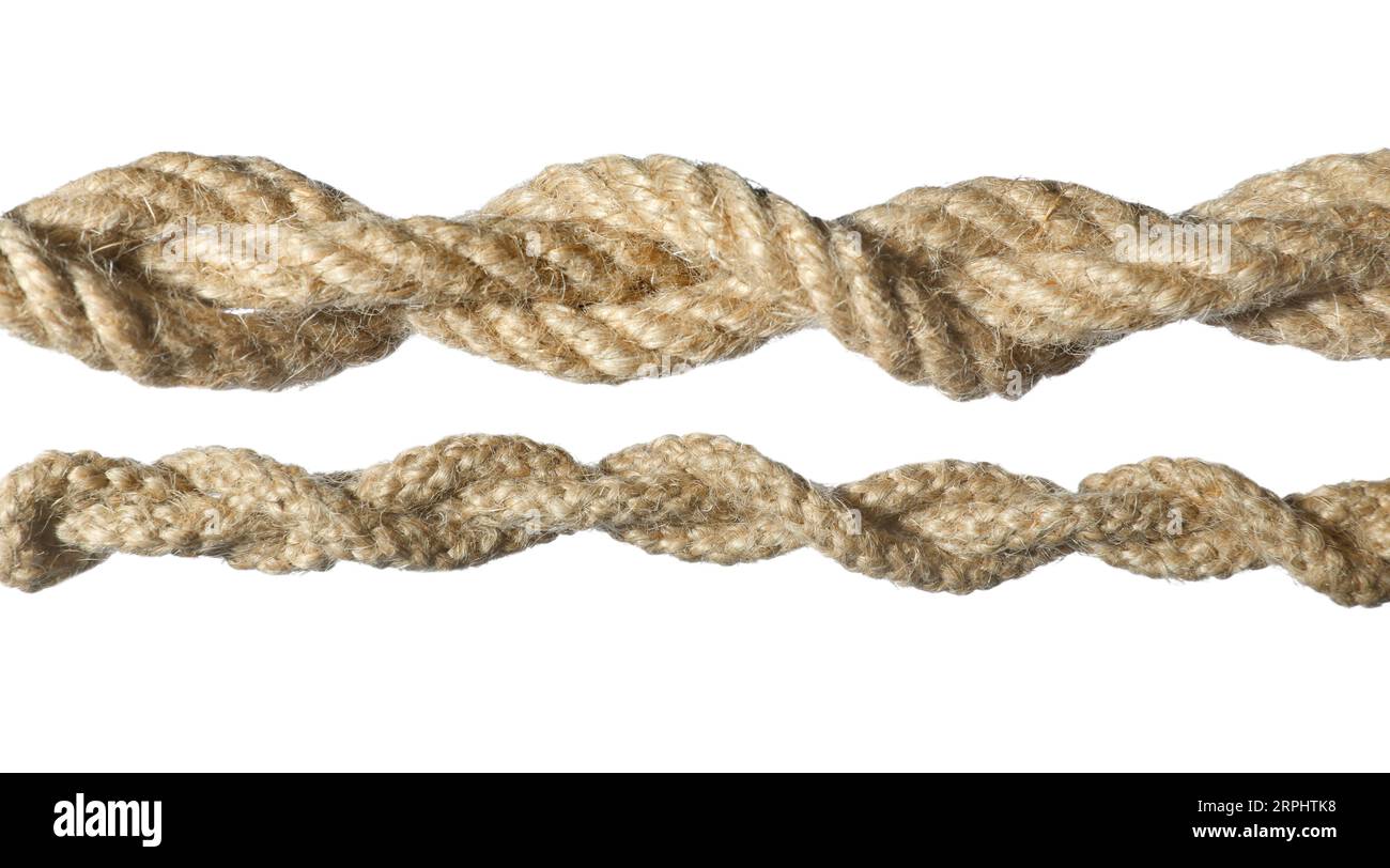 Two hemp ropes with knots isolated on white Stock Photo Alamy