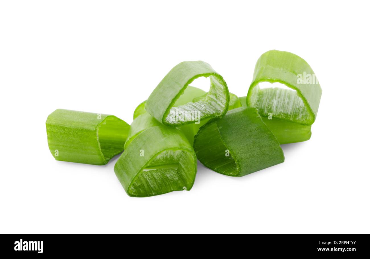 Chopped fresh green onions on white background Stock Photo - Alamy