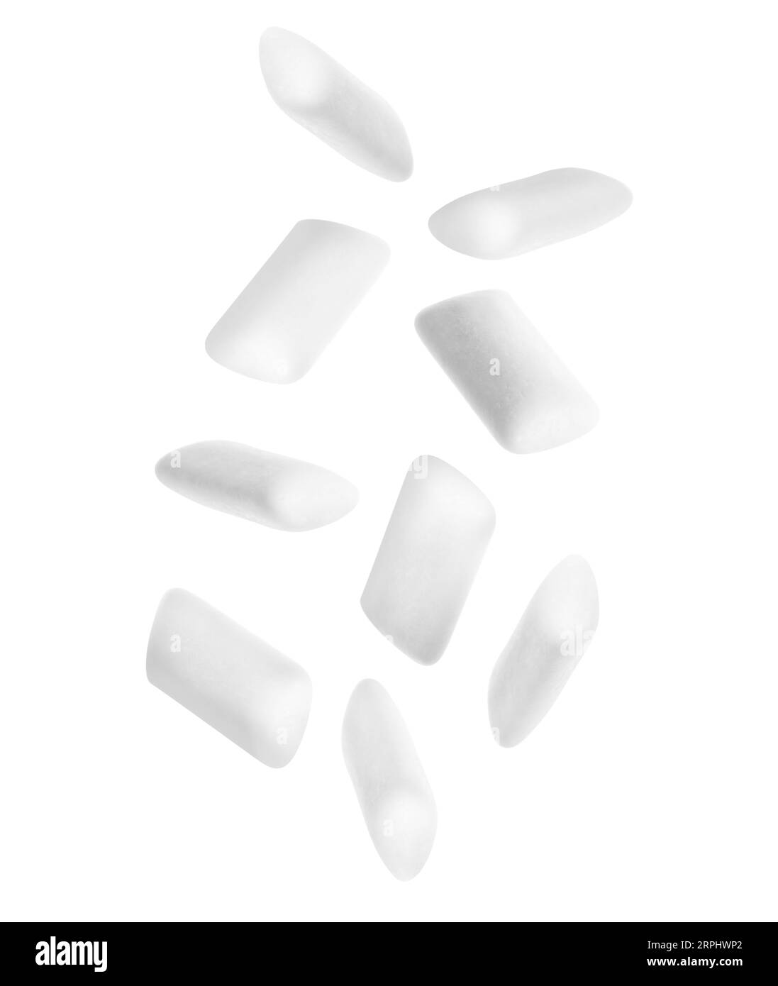 Many chewing gum pads falling on white background Stock Photo Alamy