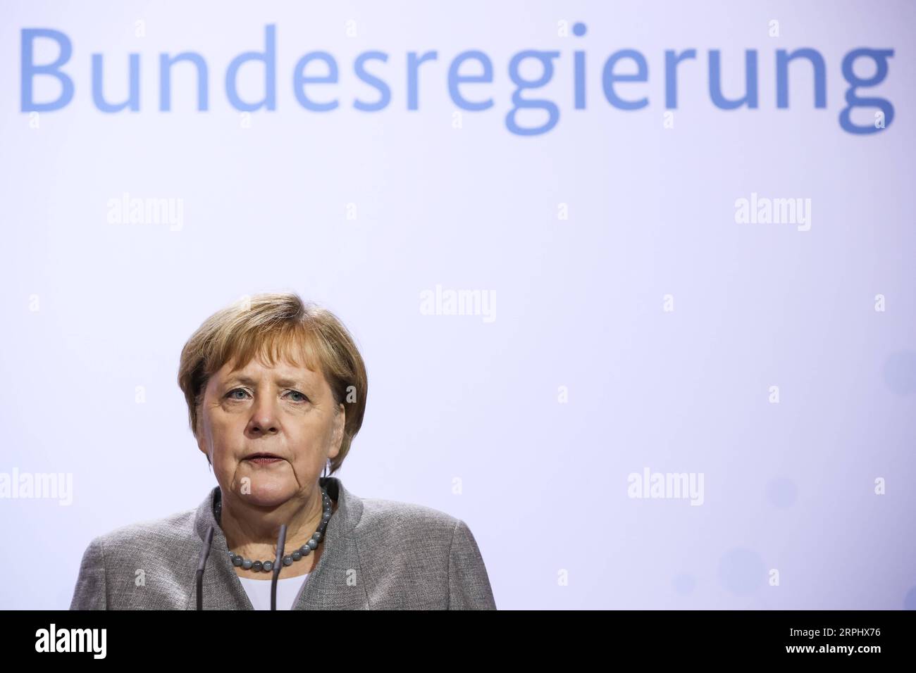 News Themen der Woche News Bilder des Tages 191118 -- MESEBERG GERMANY, Nov. 18, 2019 -- German Chancellor Angela Merkel attends a press conference after a German cabinet meeting in Meseberg, Germany, on Nov. 18, 2019. The German government has approved a mobile service strategy to ensure nationwide coverage with mobile voice and data services, the German Ministry of Transport and Digital Infrastructure announced on Monday.  GERMANY-MESEBERG-CABINET MEETING-PRESS CONFERENCE ShanxYuqi PUBLICATIONxNOTxINxCHN Stock Photo