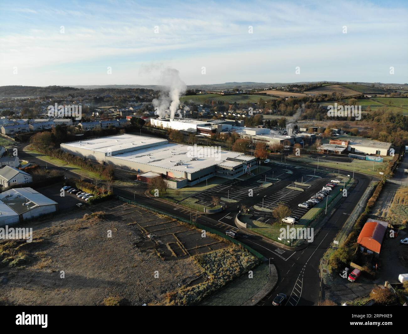 191119 -- DUBLIN, Nov. 19, 2019 -- Aerial photo taken on Nov. 18, 2019 shows an infant formula production factory in Monaghan, northeast Ireland. A ceremony to mark the completion of the construction of the infant formula production factory by a Chinese company was held in Ireland s northeast County Monaghan on Monday. Located in Carrickmacross, the second largest town in County Monaghan, the new factory with an investment of over 20 million euros about 22 million U.S. dollars, which is fully funded by Shanghai Newbaze Dairy Product Co., Ltd. SNDP, a private infant formula producer headquarter Stock Photo