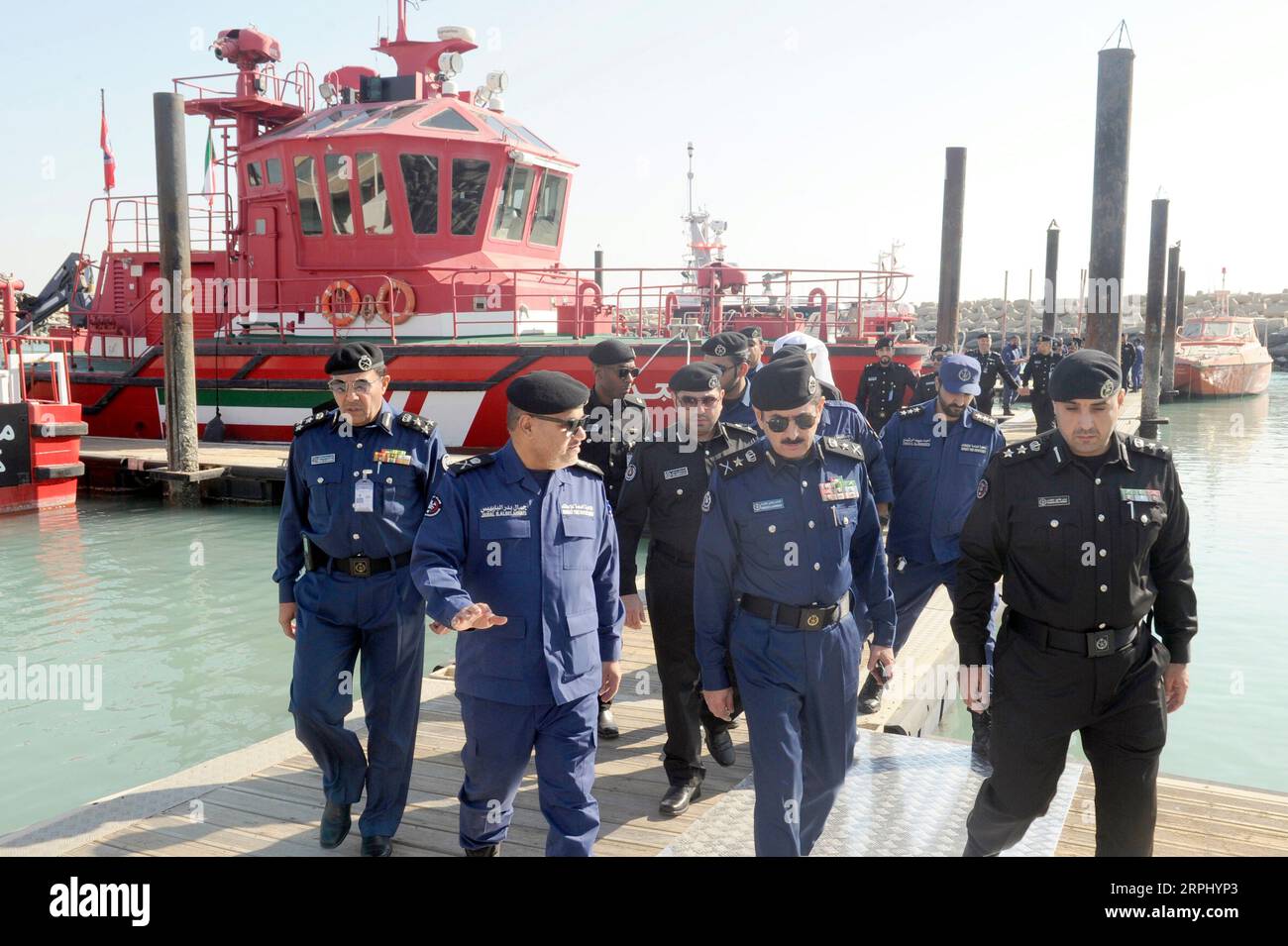 191120 -- HAWALLI GOVERNORATE, Nov. 20, 2019 Xinhua -- Director-General of Kuwait Fire Service Directorate KFSD Khaled Al-Mekrad C, Front inspects a new batch of naval boats in Hawalli Governorate, Kuwait, on Nov. 20, 2019. Kuwait Fire Service Directorate KFSD launched on Wednesday a new batch of naval boats with the latest navigational equipment to facilitate search and rescue operations, KFSD Director-General Khaled Al-Mekrad said. Xinhua KUWAIT-HAWALLI GOVERNORATE-NEW RESCUE BOATS PUBLICATIONxNOTxINxCHN Stock Photo