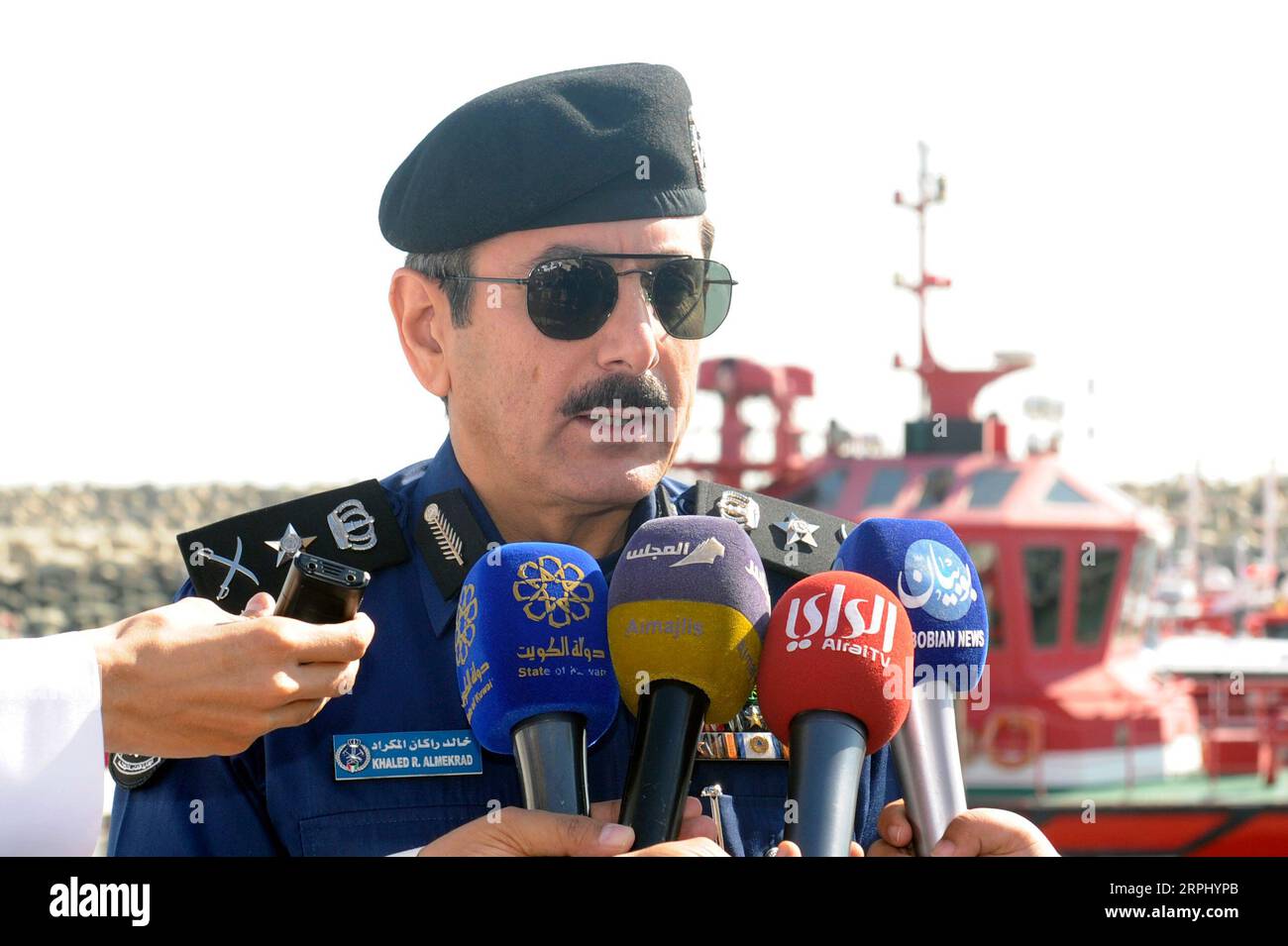 191120 -- HAWALLI GOVERNORATE, Nov. 20, 2019 Xinhua -- Director-General of Kuwait Fire Service Directorate KFSD Khaled Al-Mekrad speaks at a press conference in Hawalli Governorate, Kuwait, on Nov. 20, 2019. Kuwait Fire Service Directorate KFSD launched on Wednesday a new batch of naval boats with the latest navigational equipment to facilitate search and rescue operations, KFSD Director-General Khaled Al-Mekrad said. Xinhua KUWAIT-HAWALLI GOVERNORATE-NEW RESCUE BOATS PUBLICATIONxNOTxINxCHN Stock Photo