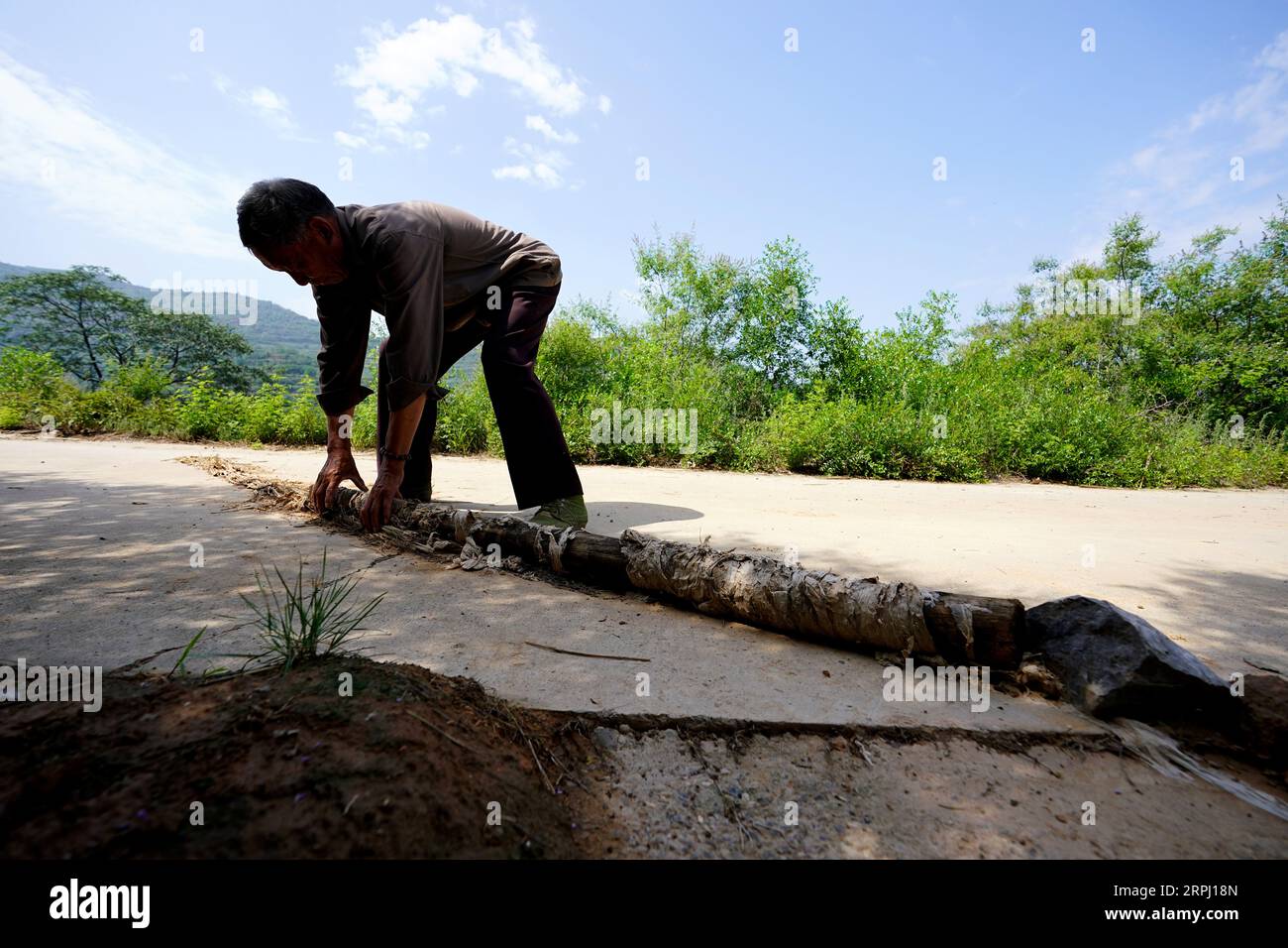 191122 -- YICHENG COUNTY, Nov. 22, 2019 -- A villager moves a log laid to help garner water at a rain water collection facility in Nanling Village of Yicheng County, north China s Shanxi Province, July 31, 2019. As the switch was pulled, water spurted out from 403 meters down under. Nanling Village s very first deep-water well went into service on an early winter morning. In the past, the village, spreading across the ravines of the Zhongtiao Mountains in northern China, had relied solely on mud pits to store its valuable drinking water for centuries. Haunted by the fear of drought, generation Stock Photo
