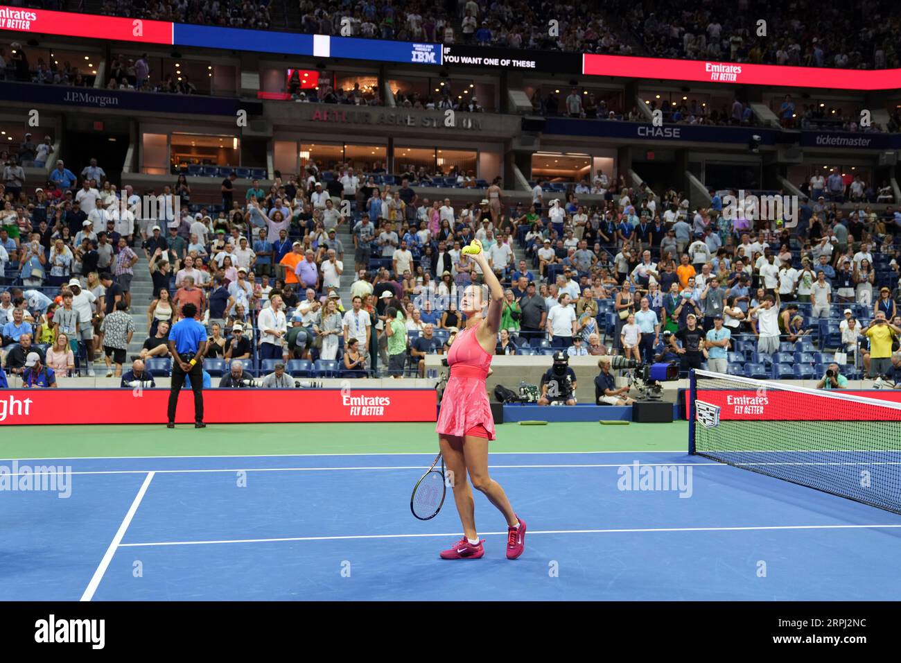 Aryna Sabalenka takes part in the Emirates Ball Flight during a women's