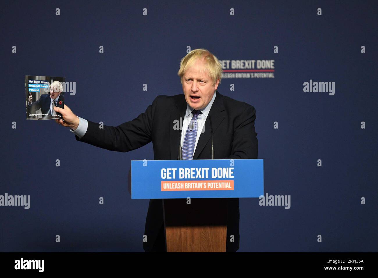 191125 -- TELFORD, Nov. 25, 2019 Xinhua -- British Prime Minister Boris Johnson delivers a speech at the launch of the Conservative Party election manifesto in Telford, Britain on Nov. 24, 2019. British Prime Minister Boris Johnson launched the Conservative Party s election manifesto Sunday, promising to put his Get Brexit Done deal before parliament ahead of Christmas recess. Xinhua-UK OUT BRITAIN-CONSERVATIVE PARTY-ELECTION MANIFESTO-LAUNCH PUBLICATIONxNOTxINxCHN Stock Photo