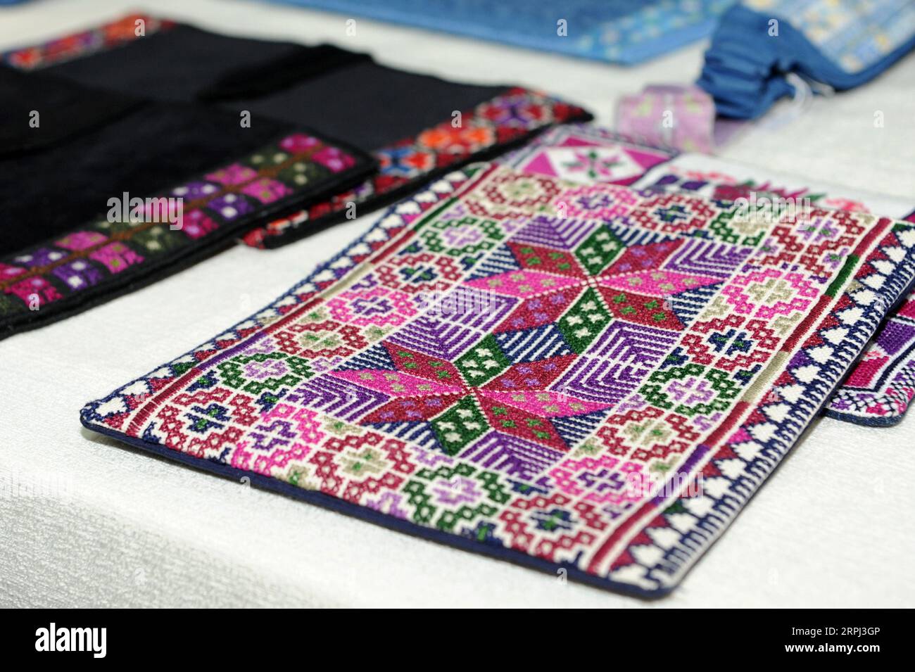 191125 -- KUWAIT CITY, Nov. 25, 2019 Xinhua -- Exhibits are seen at a Palestinian cultural exhibition in Kuwait City, Kuwait, Nov. 25, 2019. A Palestinian cultural exhibition organized by Kuwaiti National Council for Culture, Arts and Letters NCCAL was held here on Monday, showcasing Palestinian embroidery, ceramic, wooden artworks and popular folk food. The exhibition will last until Nov. 28. Photo by Ghazy Qaffaf/Xinhua KUWAIT-KUWAIT CITY-PALESTINE-CULTURAL EXHIBITION PUBLICATIONxNOTxINxCHN Stock Photo