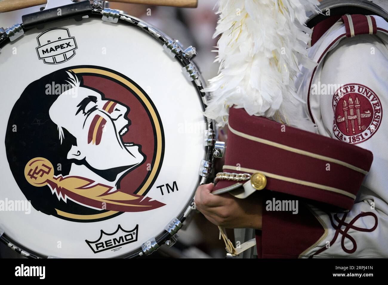 The image of Florida State mascot Osceola is viewed on a marching band  member's drum before an NCAA college football game against LSU, Sunday,  Sept. 3, 2023, in Orlando, Fla. (AP Photo/Phelan