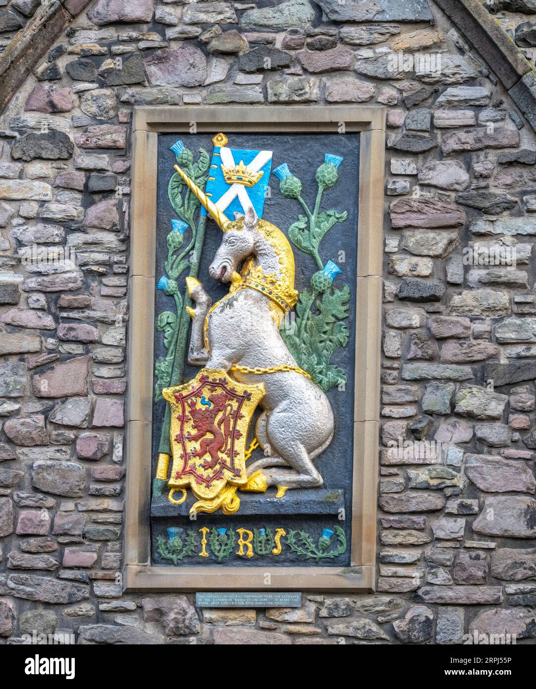 royal coat of arms of the Scotish unicorn and lion of England on the Abbey Court House near the Palace of the Holyrood Palace Stock Photo