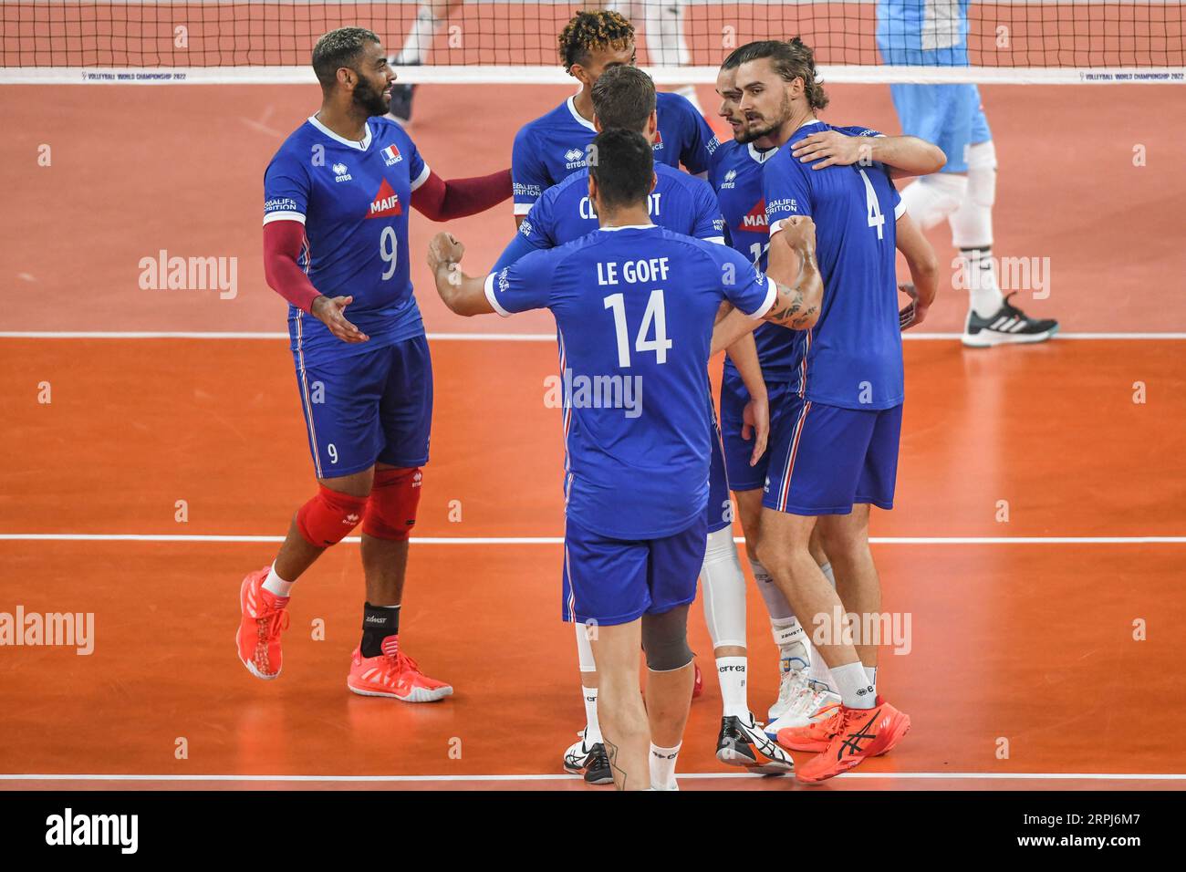France volleyball team celebrating a point against Slovenia. Volleyball