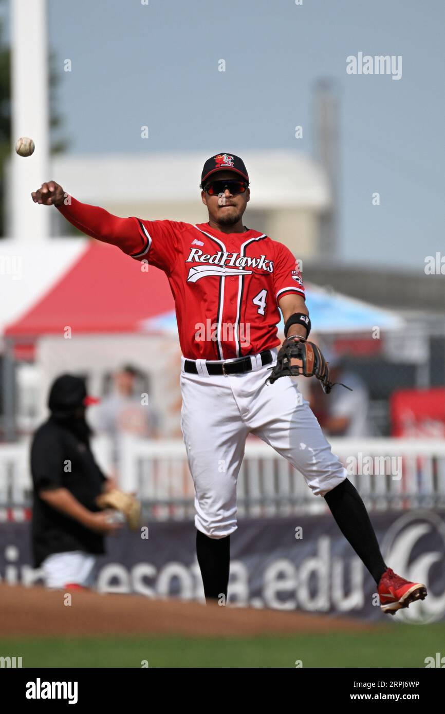 FM RedHawks Leobaldo Pina (4) throws the ball to first base during the FM Redhawks game against the Winnipeg Goldeyes in American Association professional baseball at Newman Outdoor Field in Fargo, ND on Sunday, September 4, 2023. Winnipeg won 7-2. Photo by Russell Hons/CSM Stock Photo