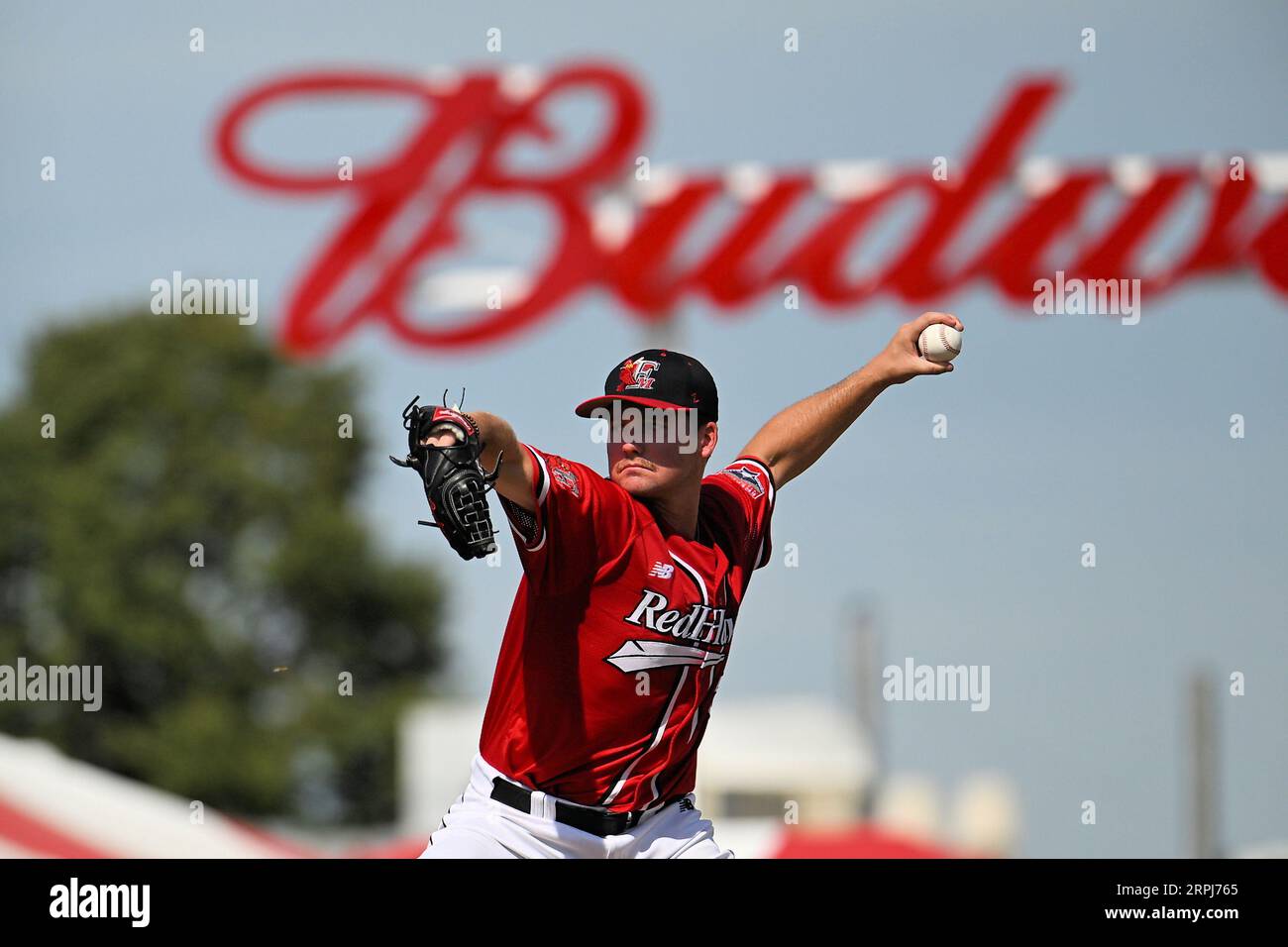 FM RedHawks pitcher Trey Cumbie (29) delivers a pitch during the FM Redhawks game against the Winnipeg Goldeyes in American Association professional baseball at Newman Outdoor Field in Fargo, ND on Sunday, September 4, 2023. Winnipeg won 7-2. Photo by Russell Hons/CSM. Stock Photo