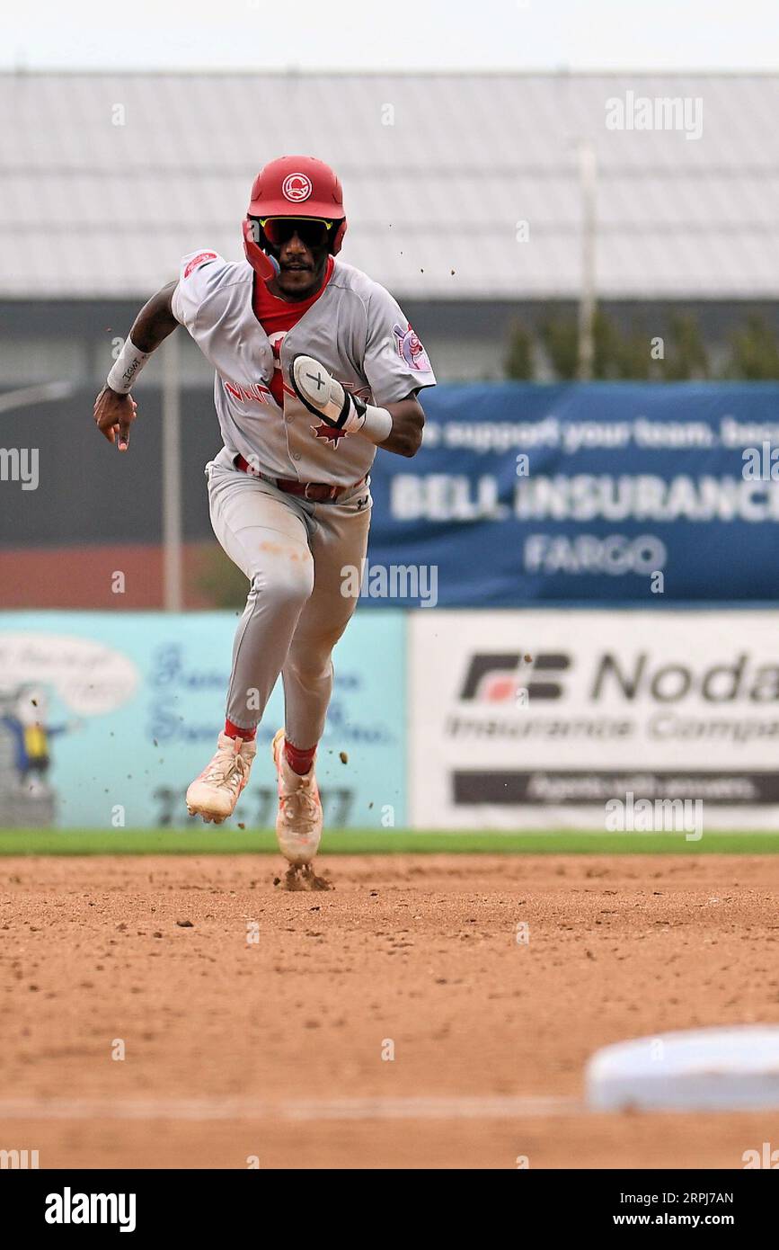 Winnipeg Goldeyes Javeyan Williams (3) runs to third after a hit during the FM Redhawks game against the Winnipeg Goldeyes in American Association professional baseball at Newman Outdoor Field in Fargo, ND on Sunday, September 4, 2023. Winnipeg won 7-2. Photo by Russell Hons/CSM Stock Photo
