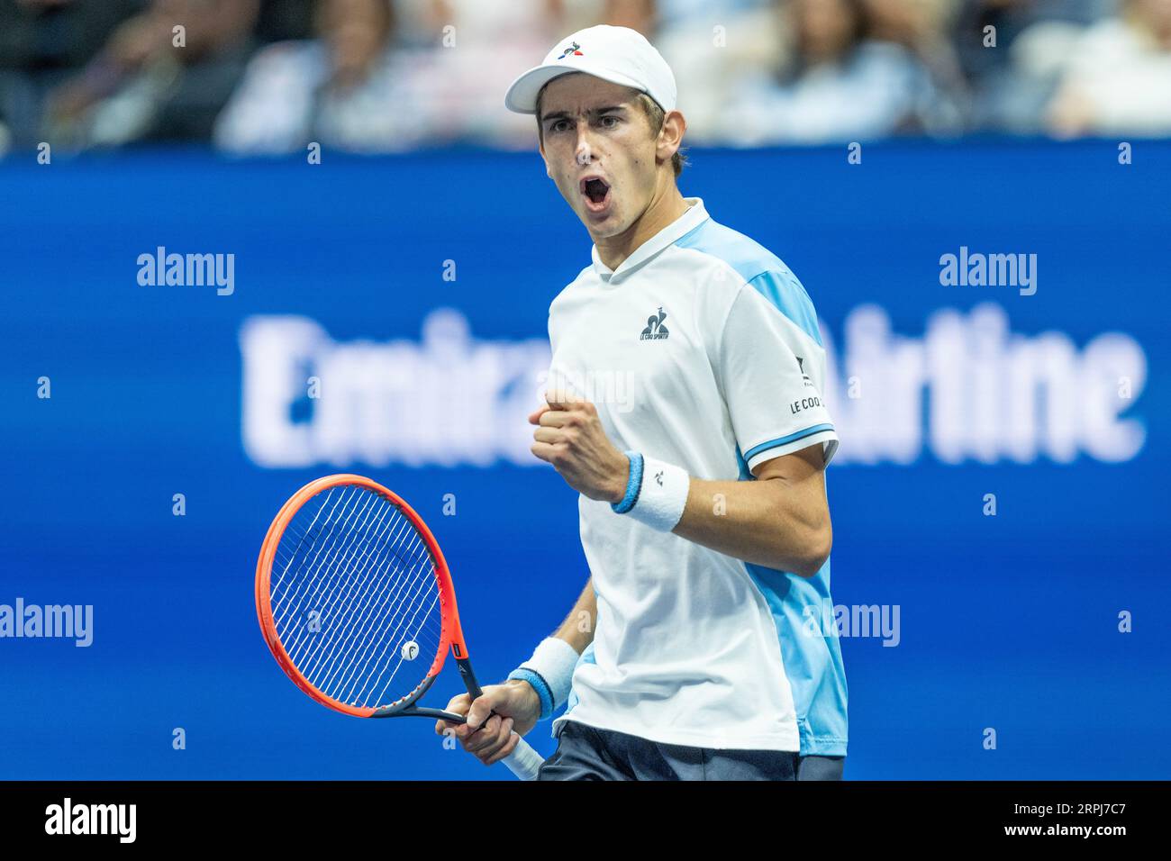 Carlos Alcaraz of Spain reacts during 4th round against Matteo Arnaldi of Italy at the US