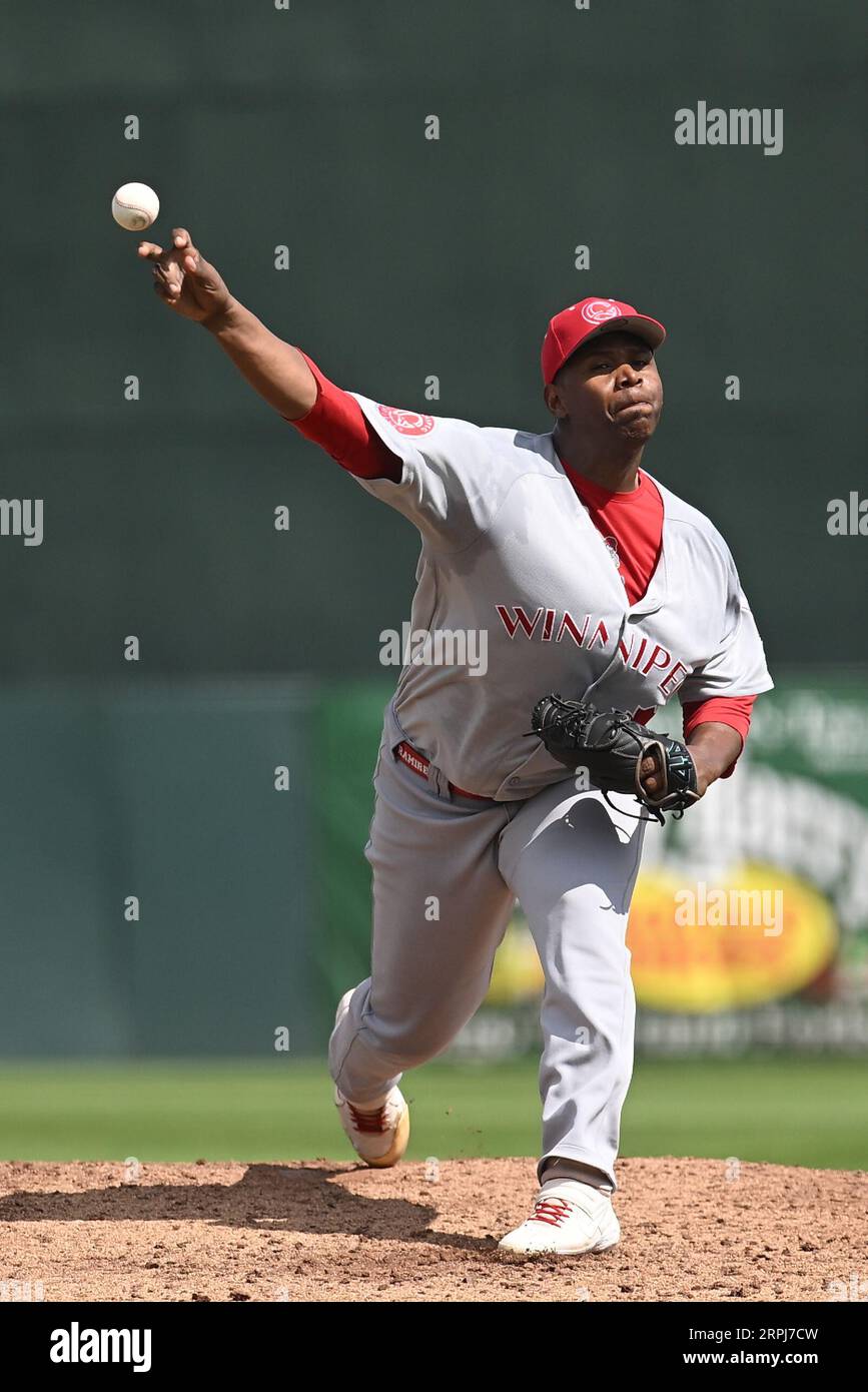 Winnipeg Goldeyes pitcher Luis Ramirez (37) delivers a pitch during the FM Redhawks game against the Winnipeg Goldeyes in American Association professional baseball at Newman Outdoor Field in Fargo, ND on Sunday, September 4, 2023. Winnipeg won 7-2. Photo by Russell Hons/CSM. Stock Photo
