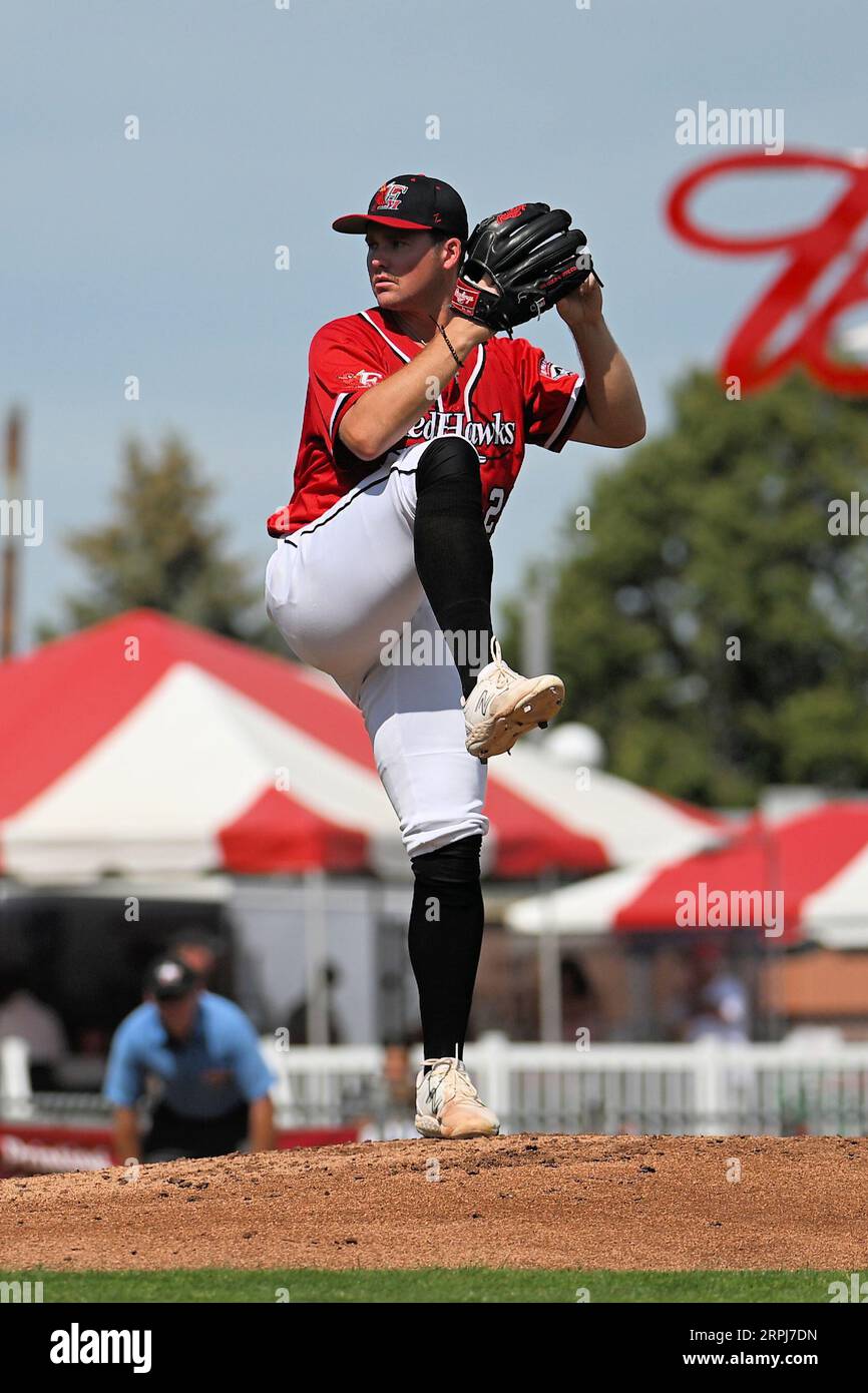 FM RedHawks pitcher Trey Cumbie (29) delivers a pitch during the FM Redhawks game against the Winnipeg Goldeyes in American Association professional baseball at Newman Outdoor Field in Fargo, ND on Sunday, September 4, 2023. Winnipeg won 7-2. Photo by Russell Hons/CSM. Stock Photo