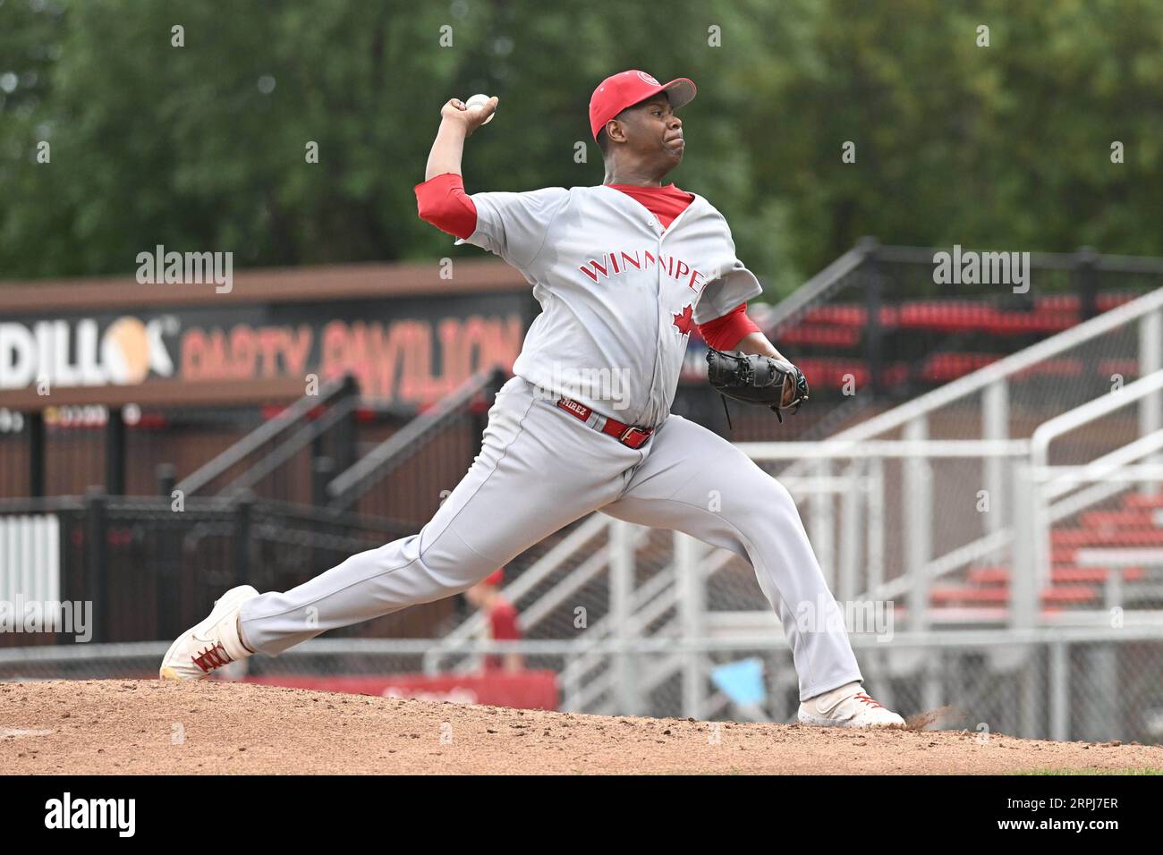 Winnipeg Goldeyes pitcher Luis Ramirez (37) delivers a pitch during the FM Redhawks game against the Winnipeg Goldeyes in American Association professional baseball at Newman Outdoor Field in Fargo, ND on Sunday, September 4, 2023. Winnipeg won 7-2. Photo by Russell Hons/CSM. Stock Photo