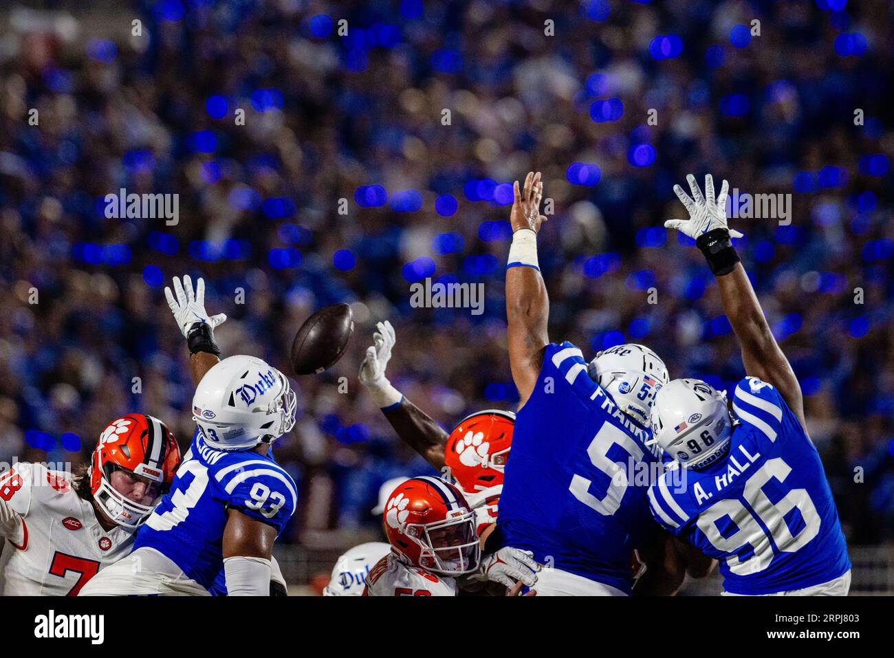 Durham, NC, USA. 4th Sep, 2023. Duke Blue Devils defensive end Wesley Williams (97) blocks the field goal by Clemson Tigers during the second quarter of the ACC Football matchup at Wallace Wade Stadium in Durham, NC. (Scott Kinser/CSM). Credit: csm/Alamy Live News Stock Photo