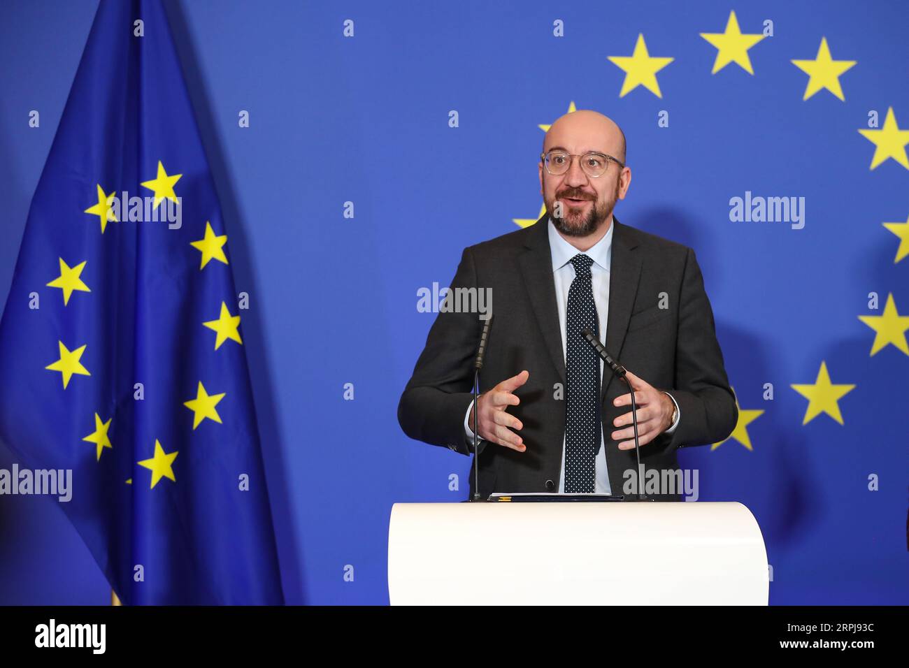 191201 -- BRUSSELS, Dec. 1, 2019 -- European Council President Charles Michel delivers a speech during a ceremony to mark the 10th anniversary of the entry into force of the Lisbon Treaty, at the House of European History in Brussels, Belgium, Dec. 1, 2019.  BELGIUM-BRUSSELS-LISBON TREATY-10TH ANNIVERSARY ZhangxCheng PUBLICATIONxNOTxINxCHN Stock Photo